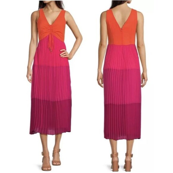 Taylor Colorblock‎ Maxi Dress SIZE 2 V-Neck Sleeveless Pleated Pink Plum Orange - Picture 1 of 11
